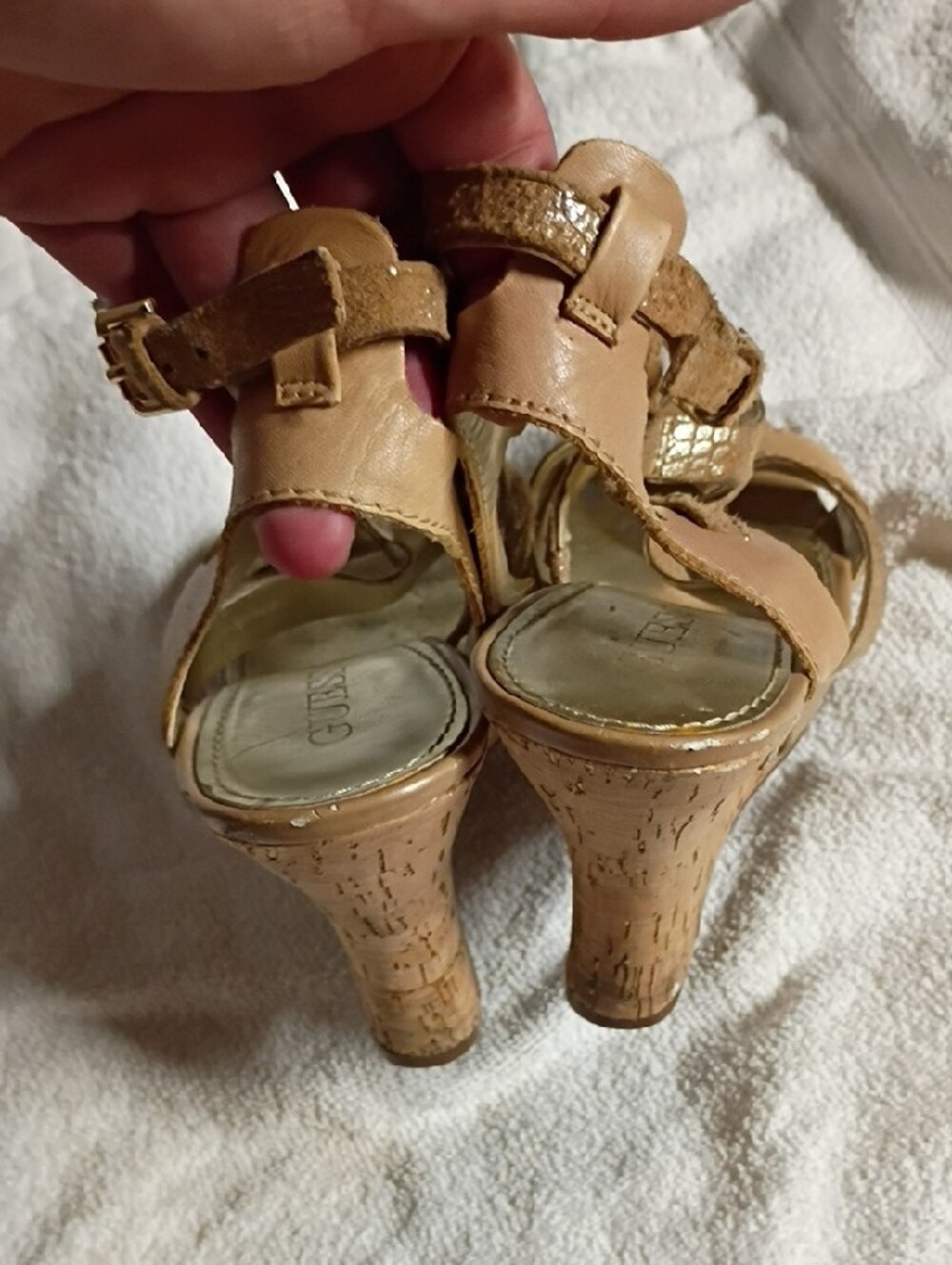Guess Tan Cork Wedge Sandals with Strappy Ankle Wrap - Picture 5 of 7